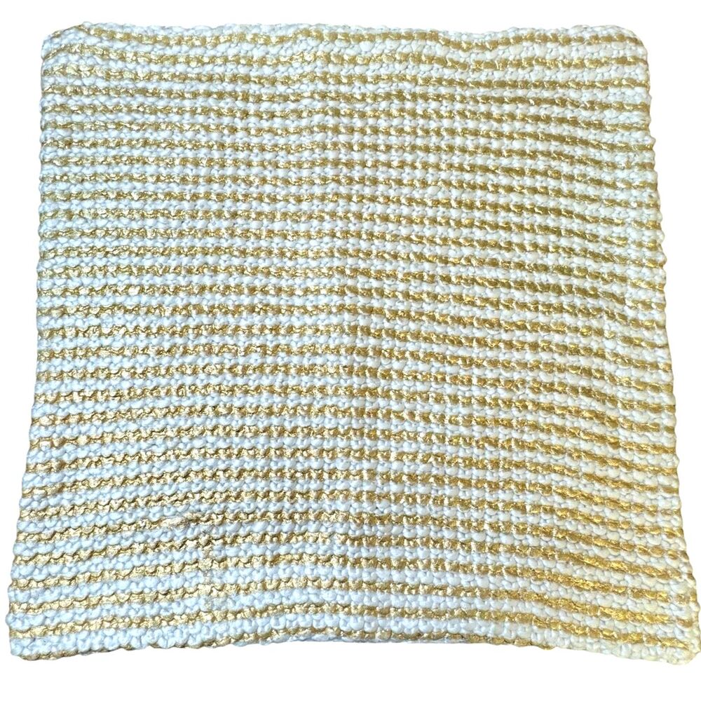 Pottery Barn Teen Golden Stripe Pillow Cover White Metallic Gold Hand Knit NEW